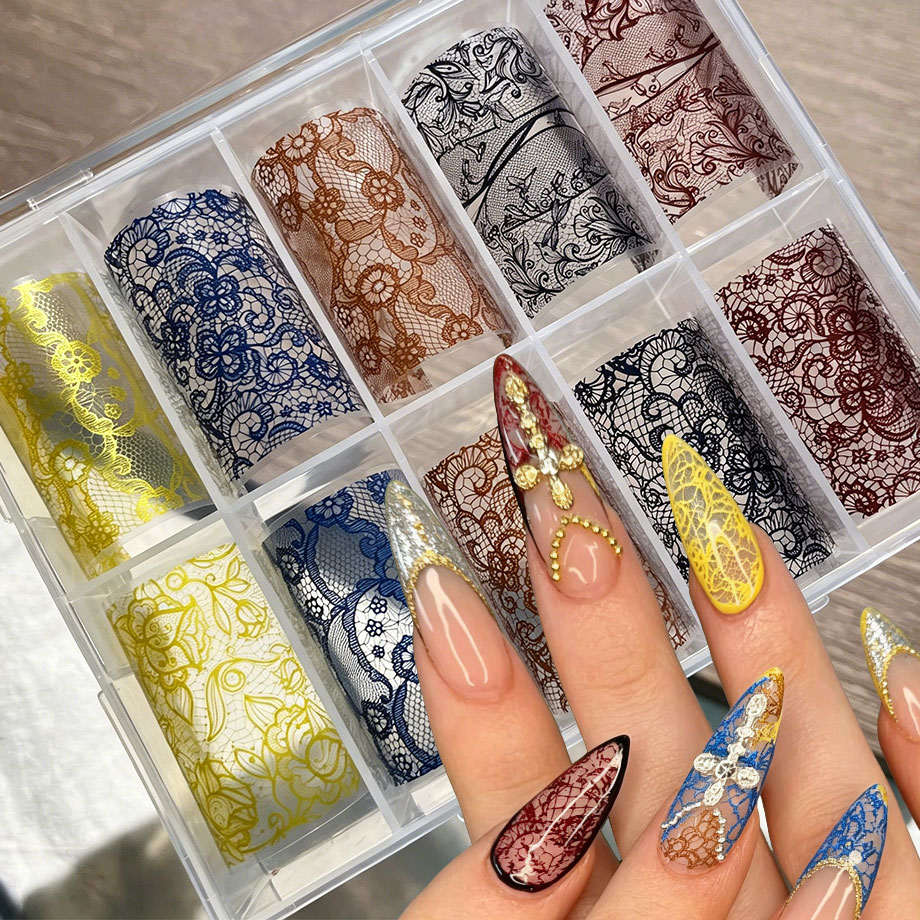 Nail Foil Transfer - 10Rolls Retro Colorful Lace Foil Transfer